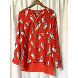 Banana Republic Womens Large Sheer Top Red Blouse Parakeet Bird Long Sleeve